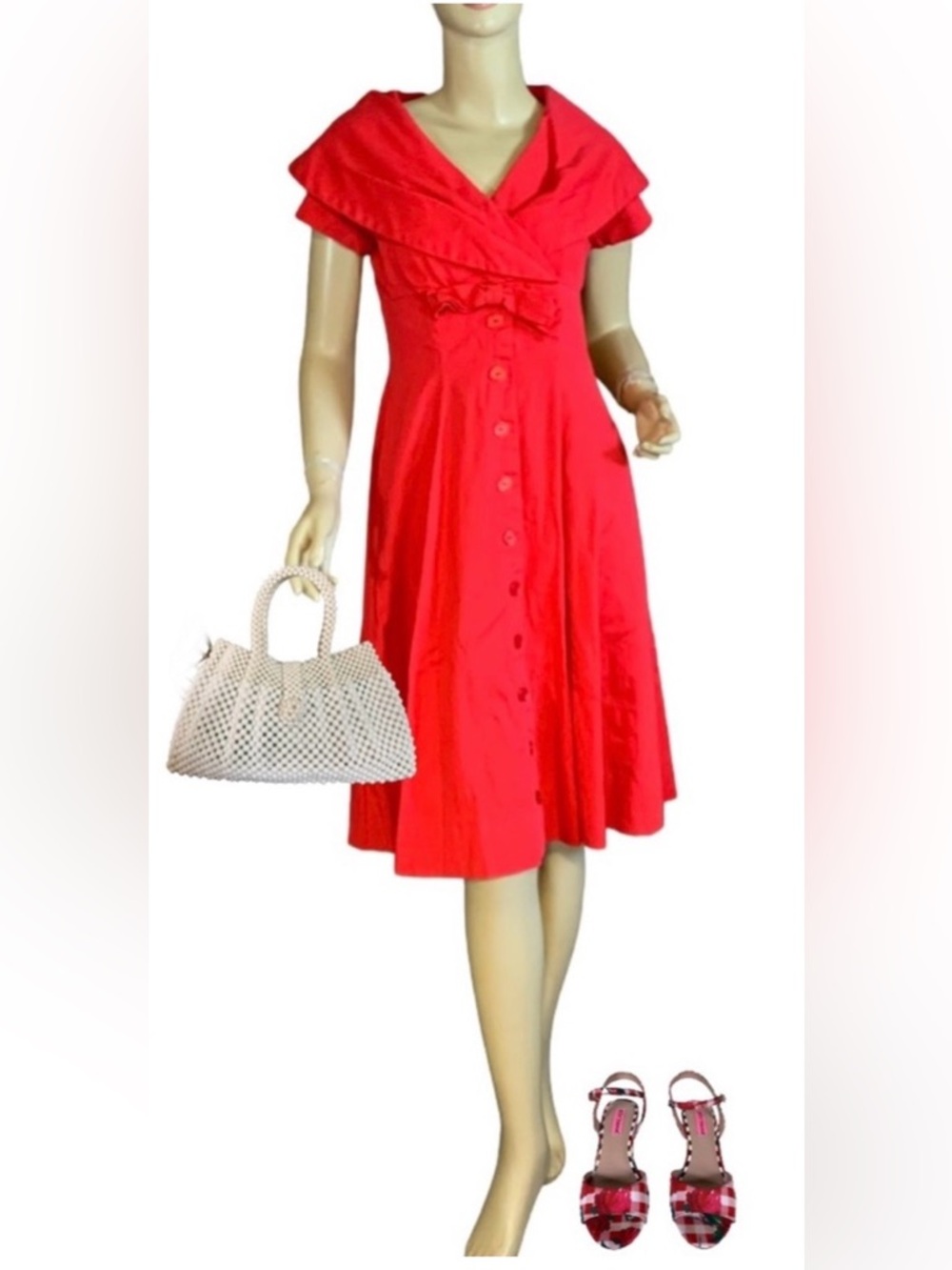 VINTAGE 1950'S HANDMADE SQUARE PATTERN RED COTTON DAY DRESS (S)